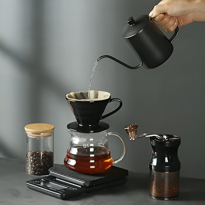 Set de café portátil para camping y viaje con cafetera de vidrio