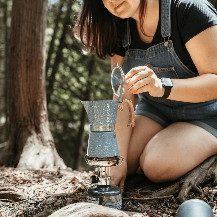 Set de café portátil para camping y viaje con cafetera de vidrio