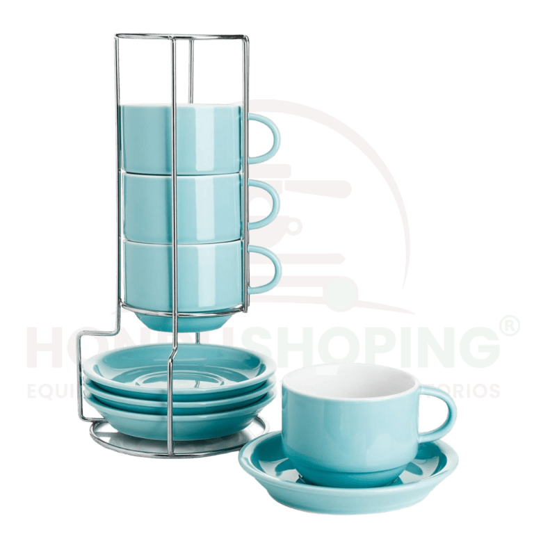 SWEESE - Set Tazas de porcelana apilables, de 8 onzas, con platillos y soporte de metal